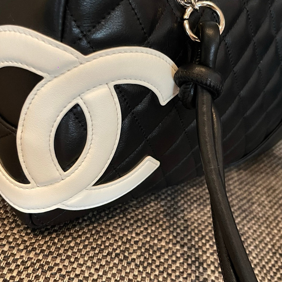 Vintage Chanel Cambon Bowler Bag White and Black Calfskin Silver Hardware