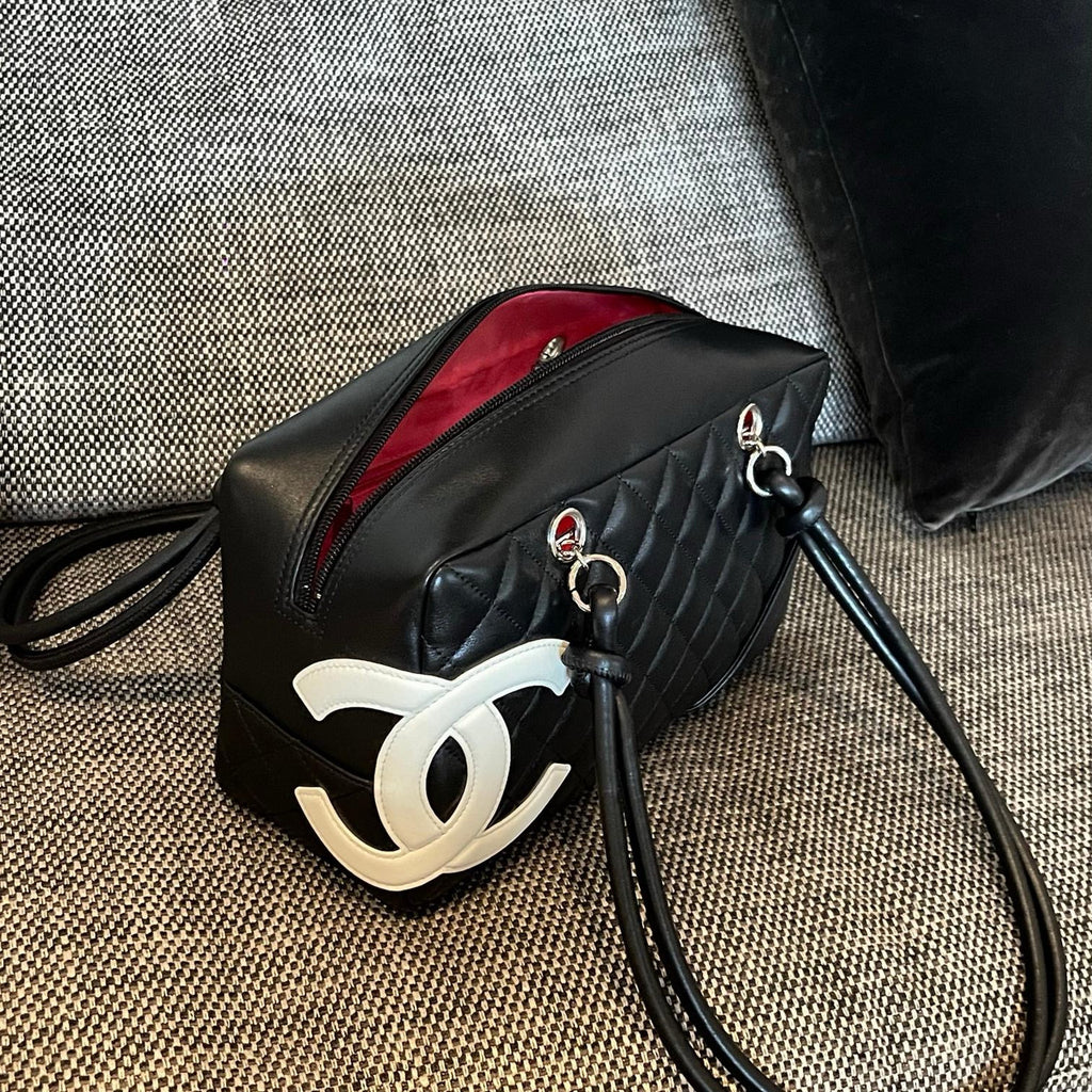 Vintage Chanel Cambon Bowler Bag White and Black Calfskin Silver Hardware