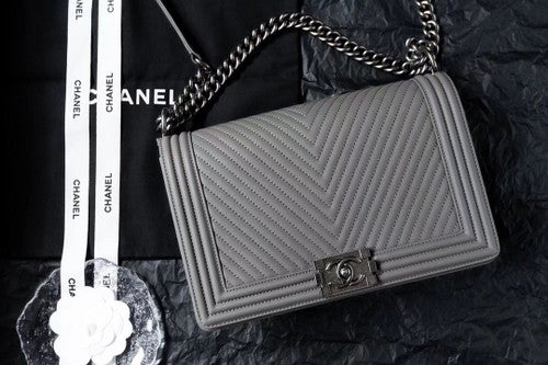 Chanel Grey Medium Chevron Boy Bag 28cm