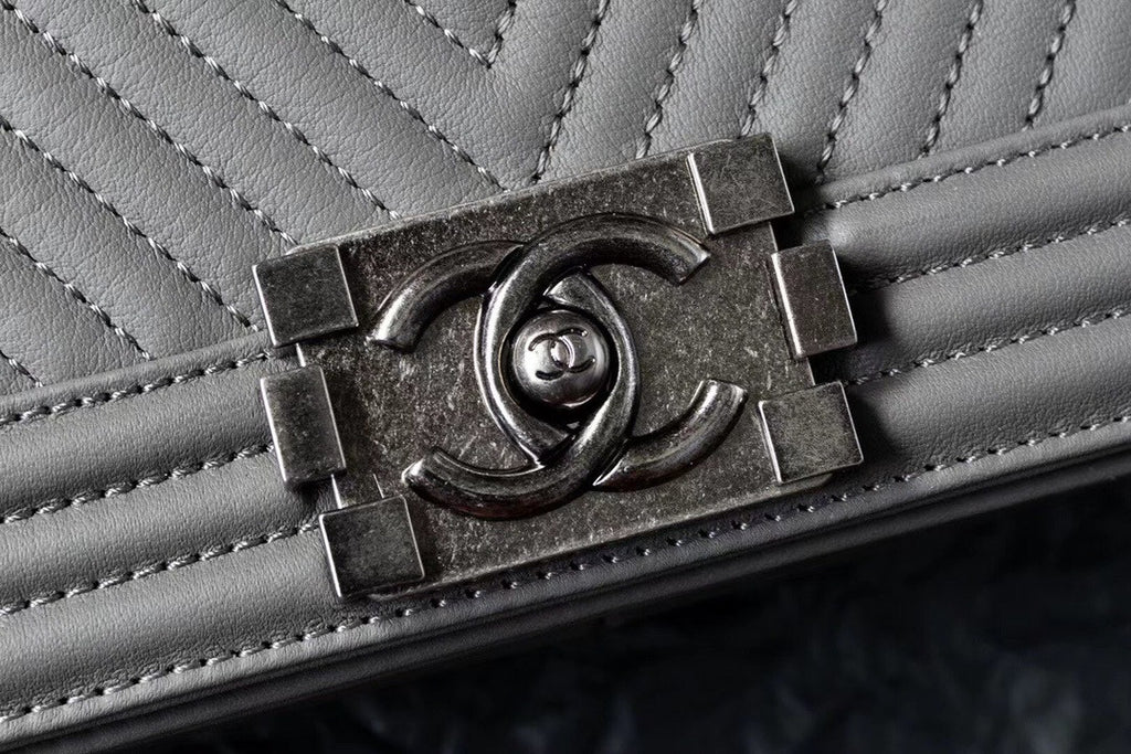 Chanel Grey Medium Chevron Boy Bag 28cm