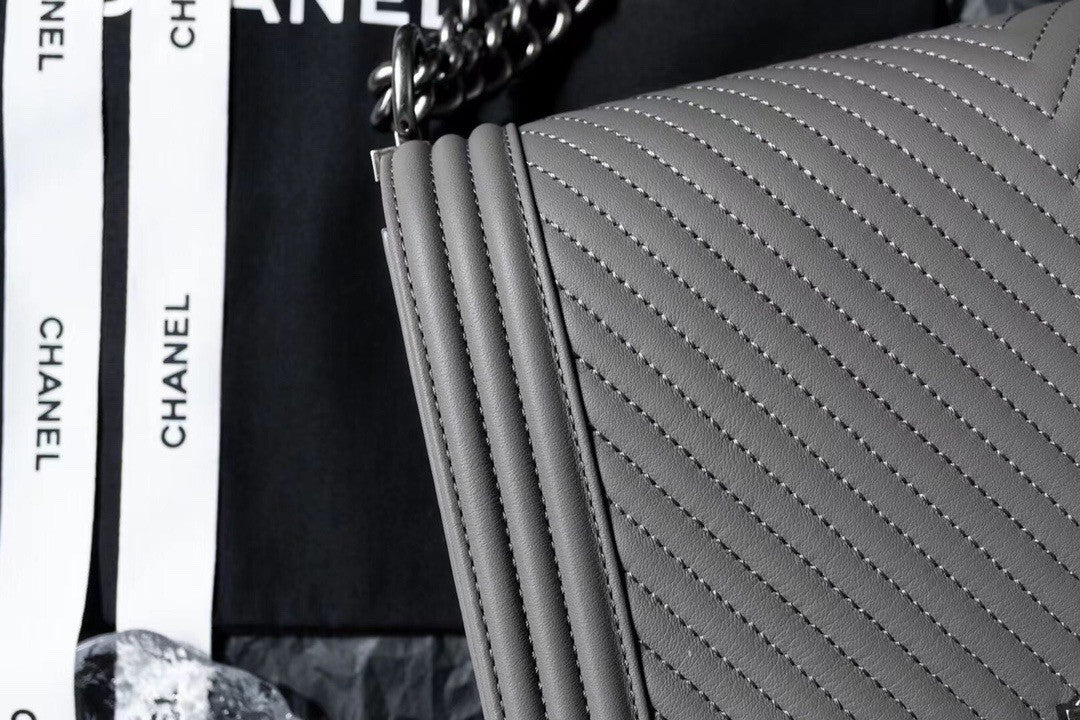 Chanel Grey Medium Chevron Boy Bag 28cm