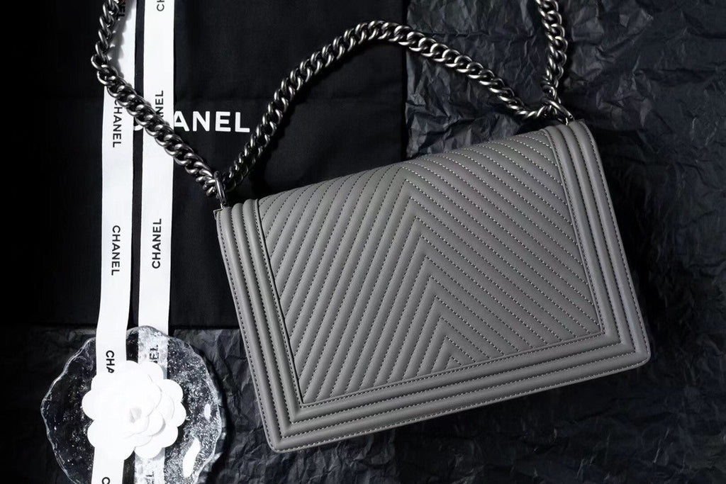 Chanel Grey Medium Chevron Boy Bag 28cm
