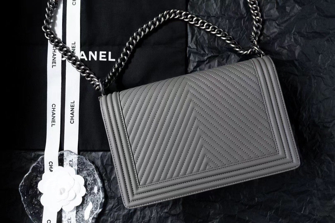 Chanel Grey Medium Chevron Boy Bag 28cm