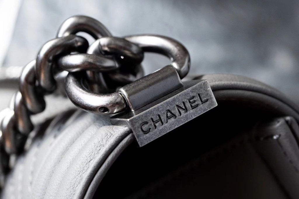 Chanel Grey Medium Chevron Boy Bag 28cm