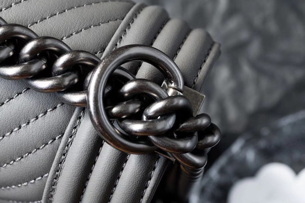 Chanel Grey Medium Chevron Boy Bag 28cm