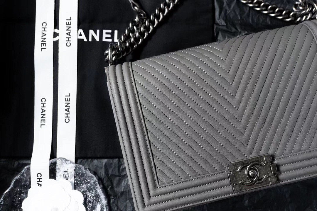 Chanel Grey Medium Chevron Boy Bag 28cm