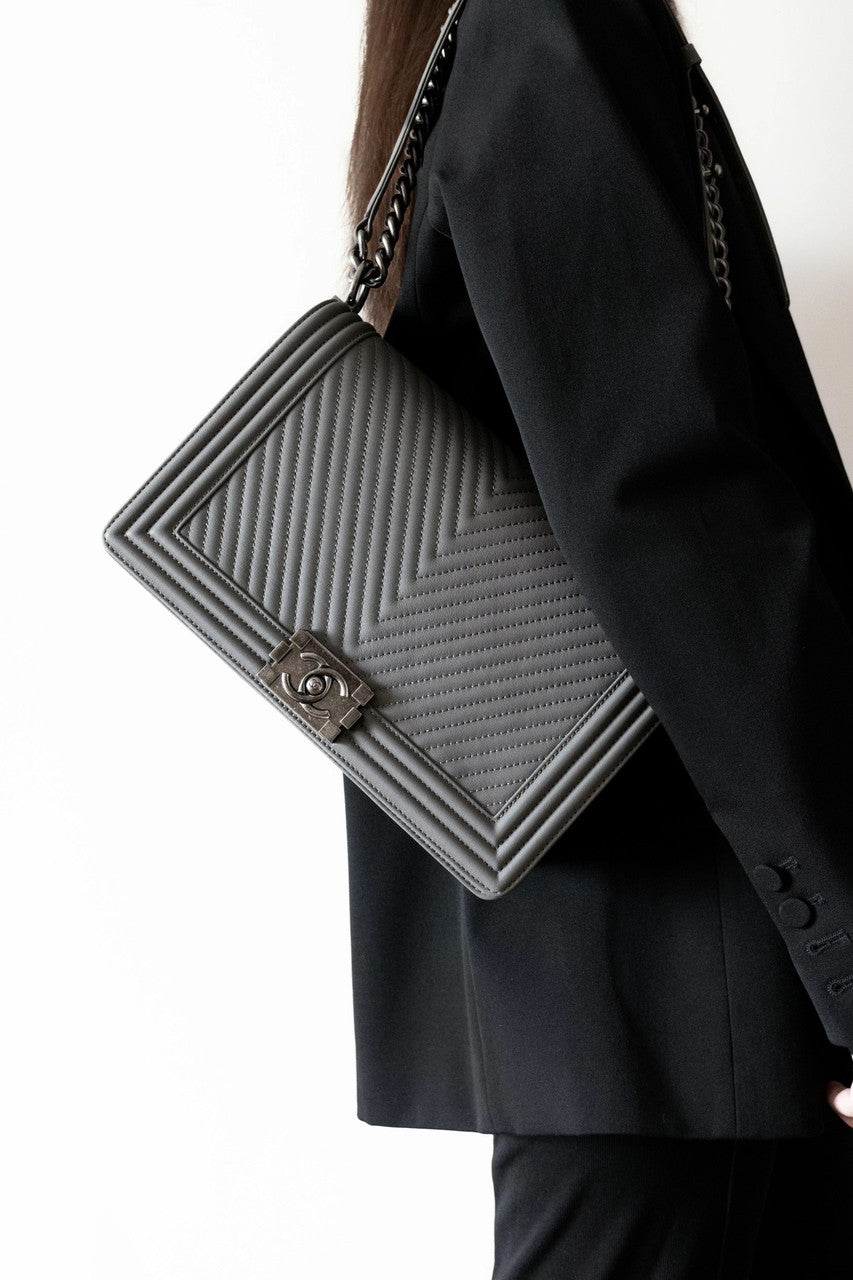 Chanel Grey Medium Chevron Boy Bag 28cm