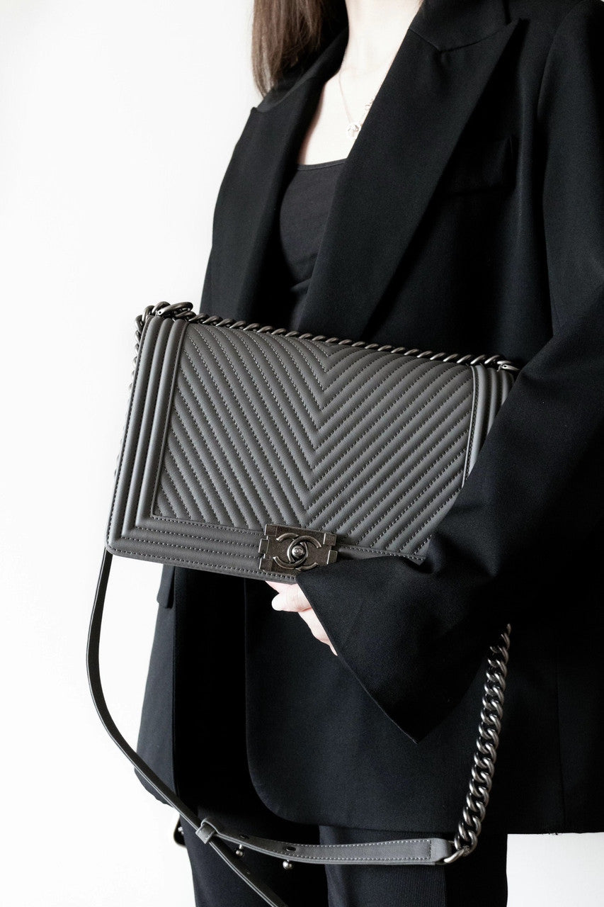 Chanel Grey Medium Chevron Boy Bag 28cm