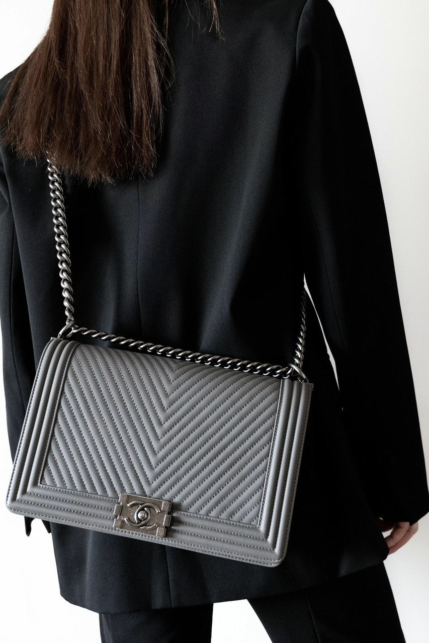 Chanel Grey Medium Chevron Boy Bag 28cm