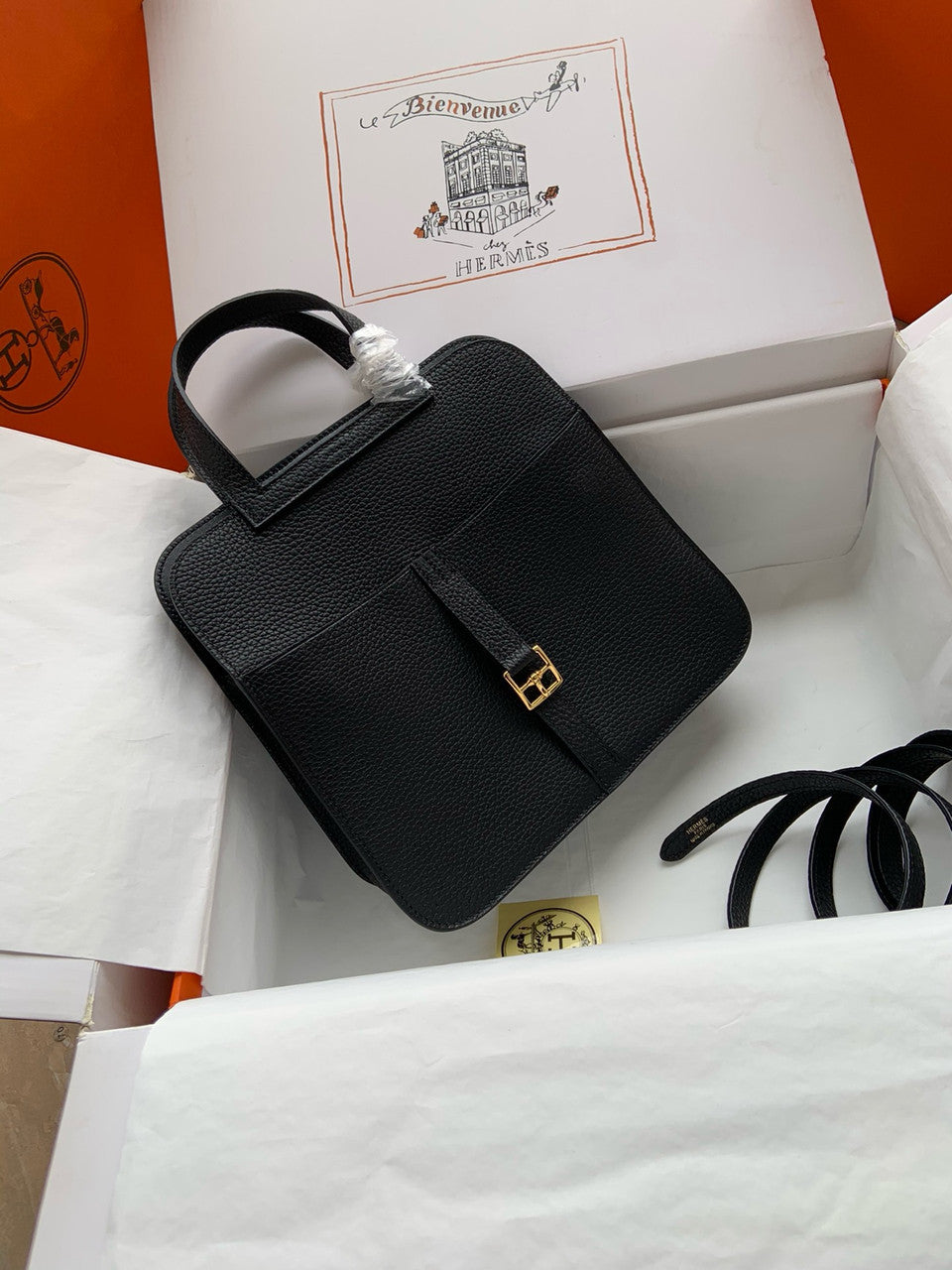 Hermes Halzan 25 Black Clemence Gold Hardware