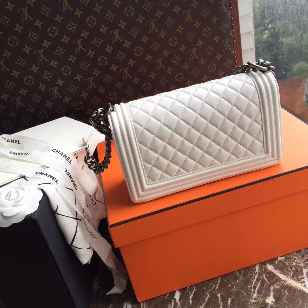 CHANEL White Quilted Leather LE BOY with Silver HW