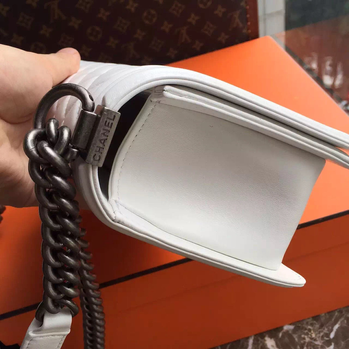 CHANEL White Quilted Leather LE BOY with Silver HW