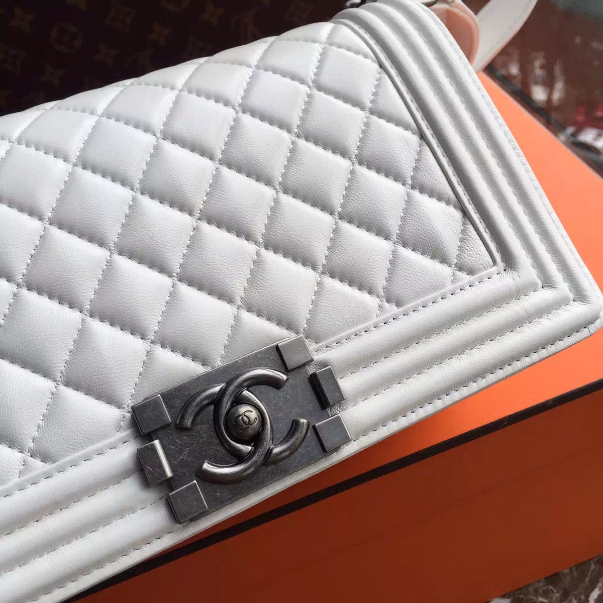 CHANEL White Quilted Leather LE BOY with Silver HW