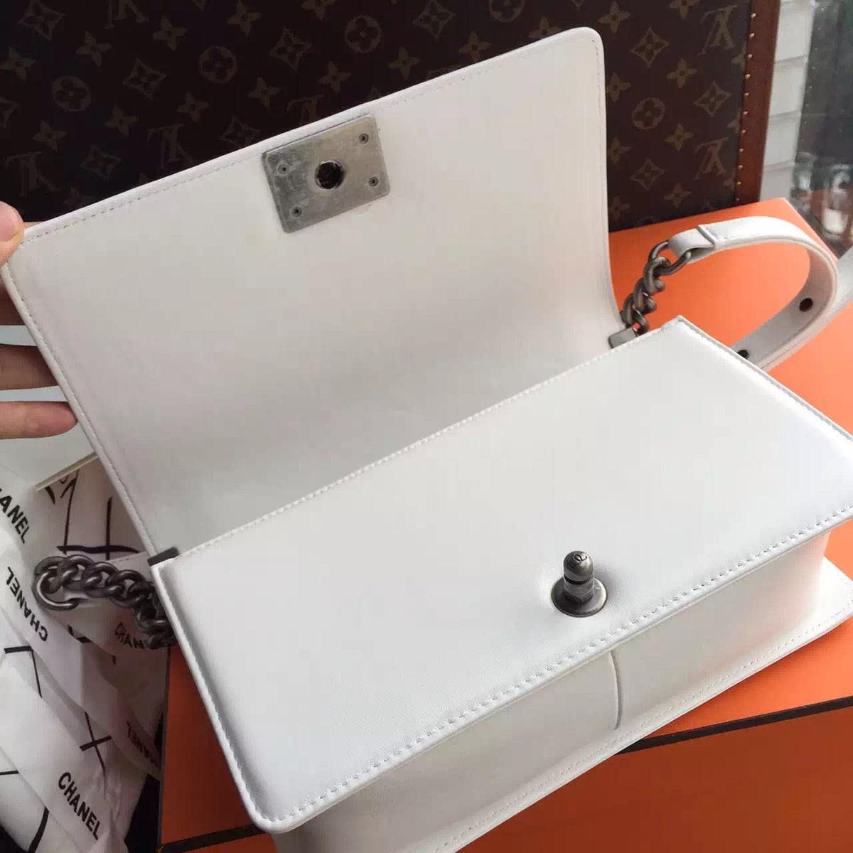CHANEL White Quilted Leather LE BOY with Silver HW