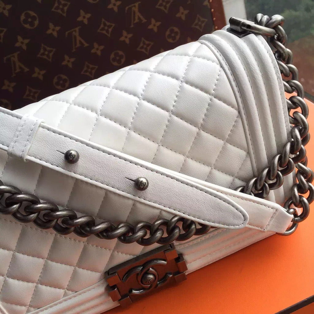 CHANEL White Quilted Leather LE BOY with Silver HW