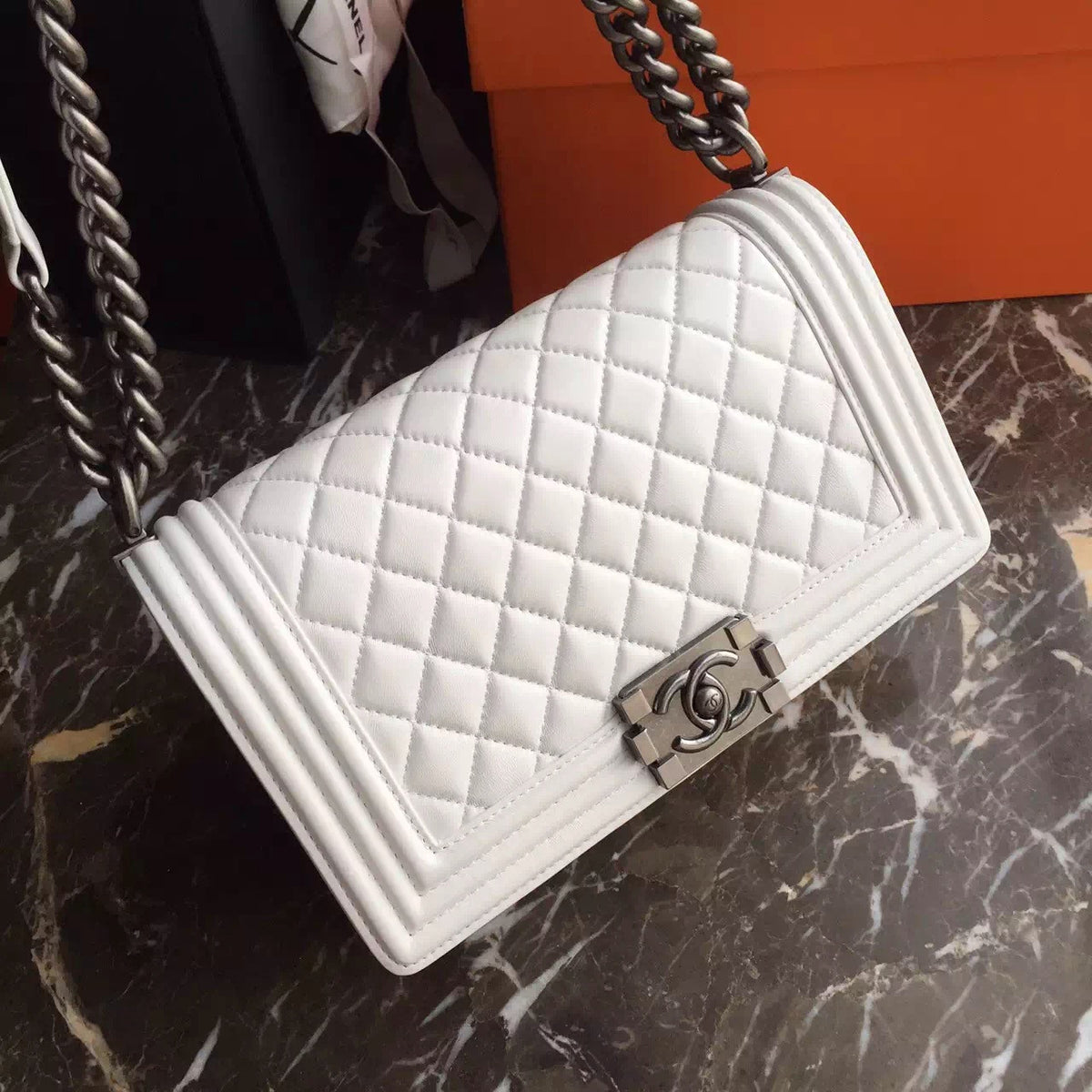 CHANEL White Quilted Leather LE BOY with Silver HW