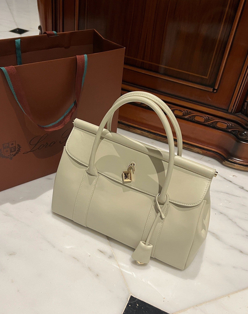LORO PIANA Loom 32 Grained Leather Top-Handle Bag White