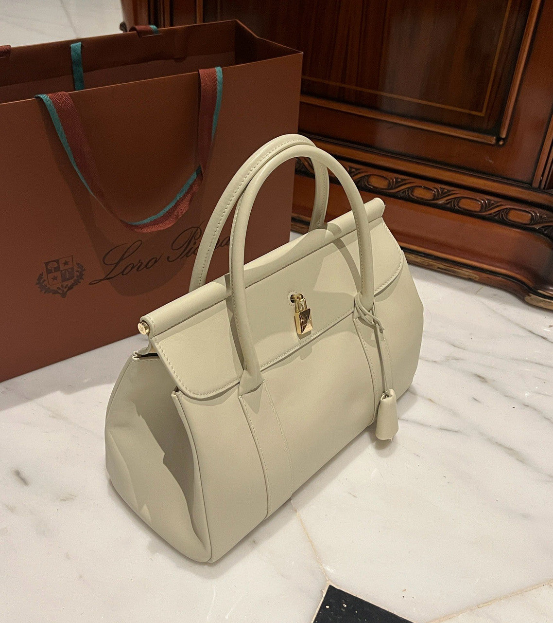 LORO PIANA Loom 32 Grained Leather Top-Handle Bag White