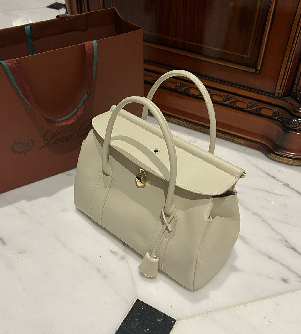 LORO PIANA Loom 32 Grained Leather Top-Handle Bag White