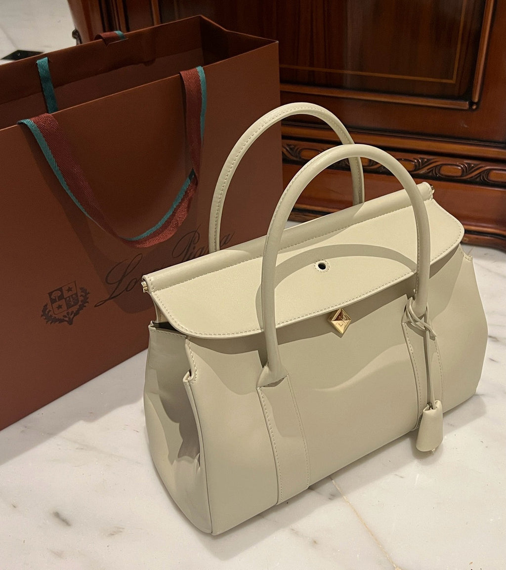 LORO PIANA Loom 32 Grained Leather Top-Handle Bag White