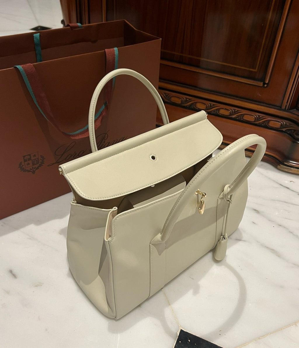 LORO PIANA Loom 32 Grained Leather Top-Handle Bag White