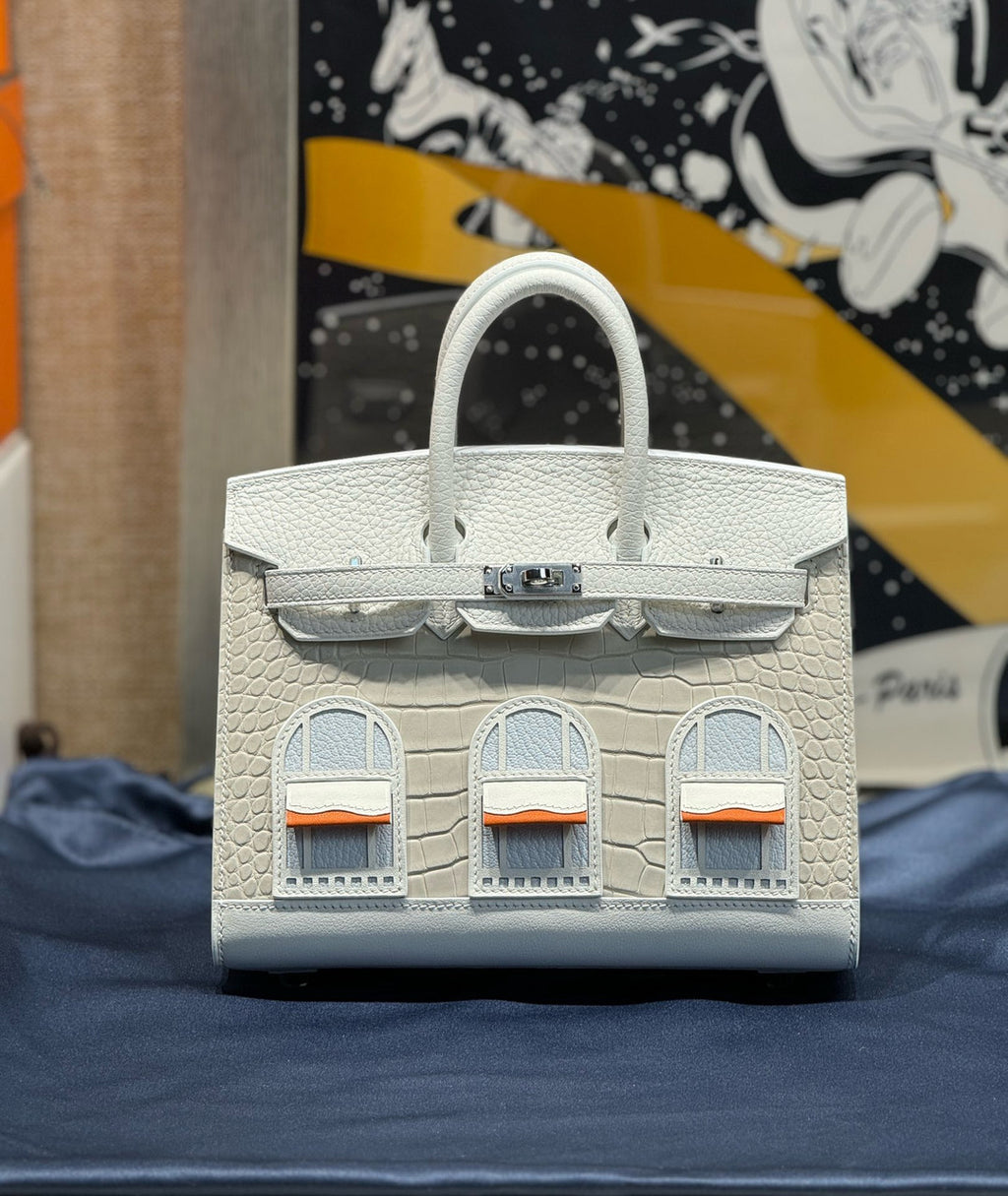 Hermes Limited Edition Birkin 20 Sellier Faubourg White Multicolor Madame, Crocodile, Epsom, Sombrero & Swift Palladium Hardware - 2019