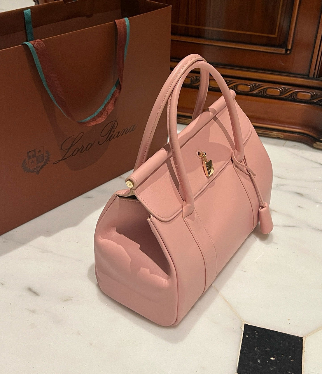 LORO PIANA Loom 32 Grained Leather Top-Handle Bag Pink