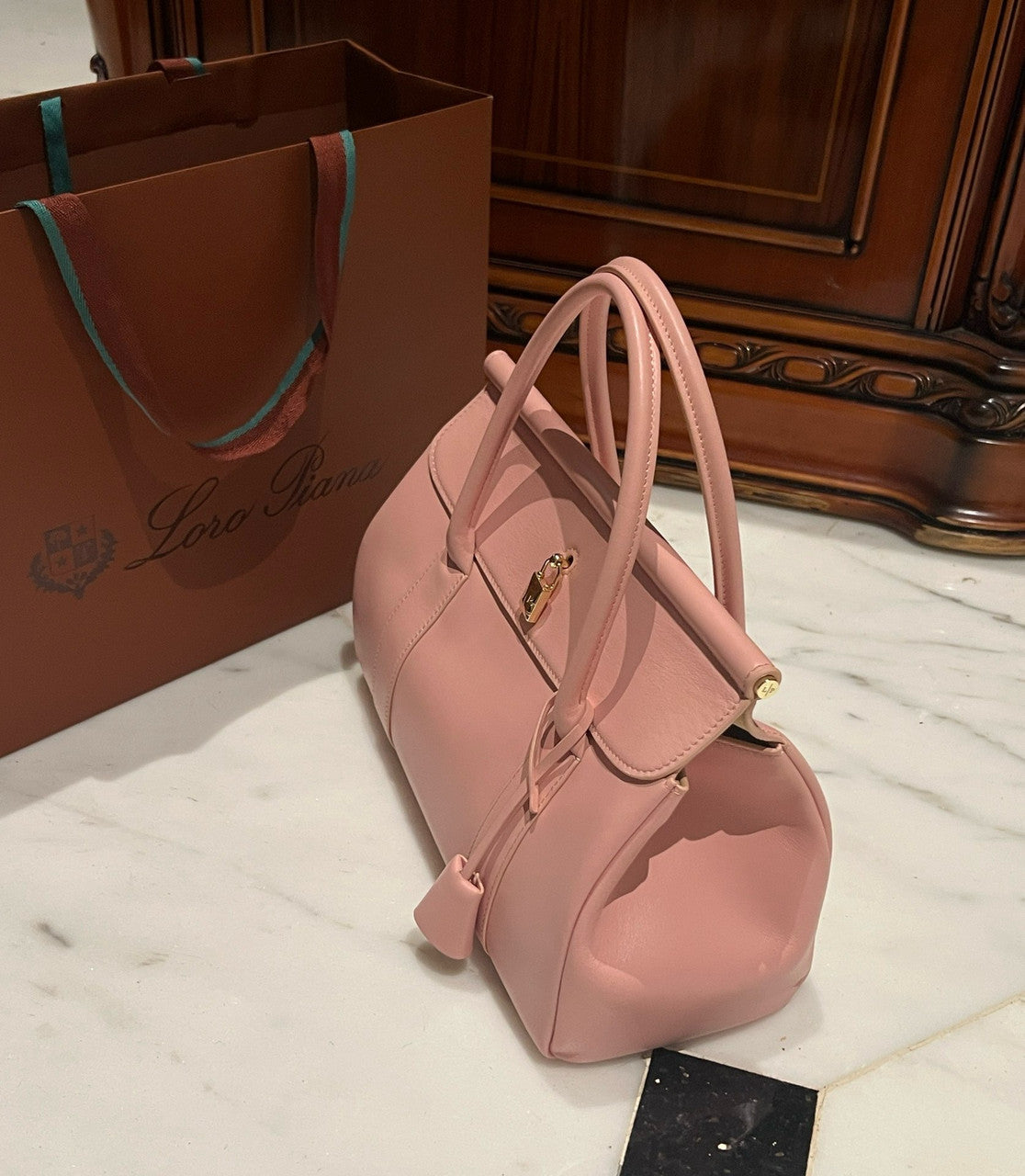LORO PIANA Loom 32 Grained Leather Top-Handle Bag Pink