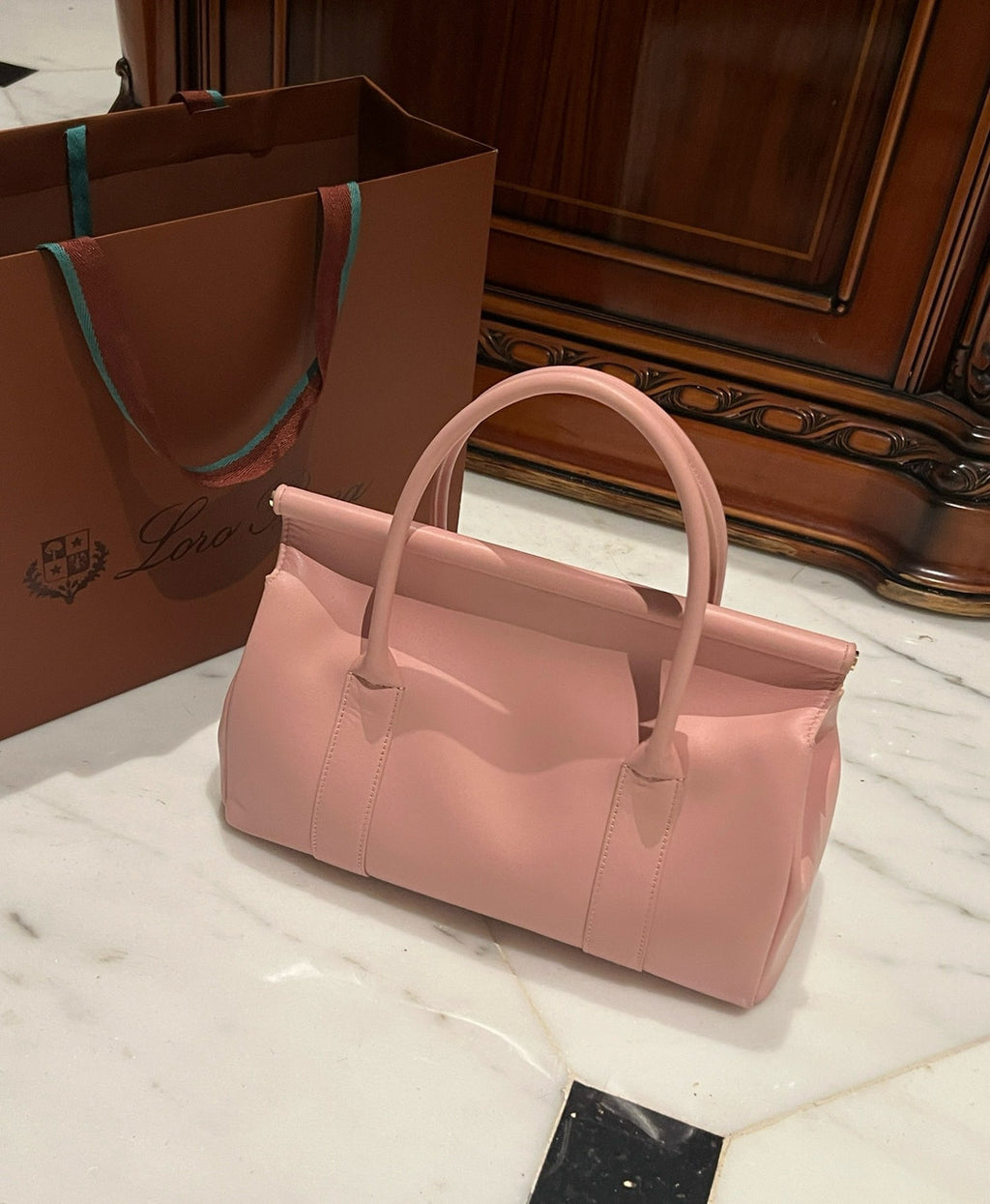 LORO PIANA Loom 32 Grained Leather Top-Handle Bag Pink