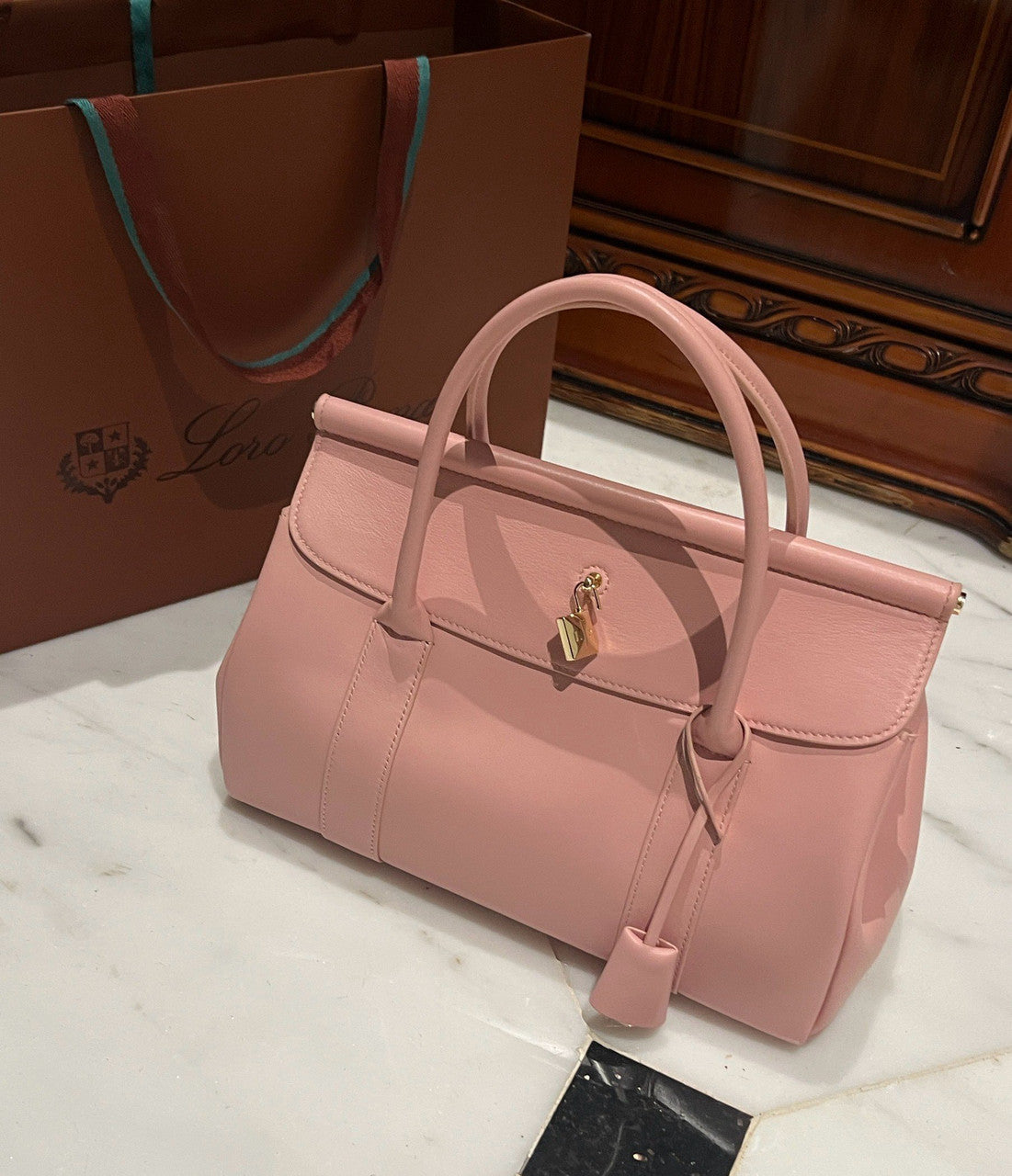 LORO PIANA Loom 32 Grained Leather Top-Handle Bag Pink
