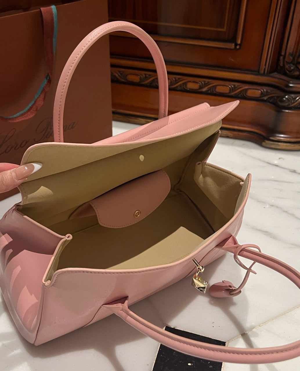 LORO PIANA Loom 32 Grained Leather Top-Handle Bag Pink