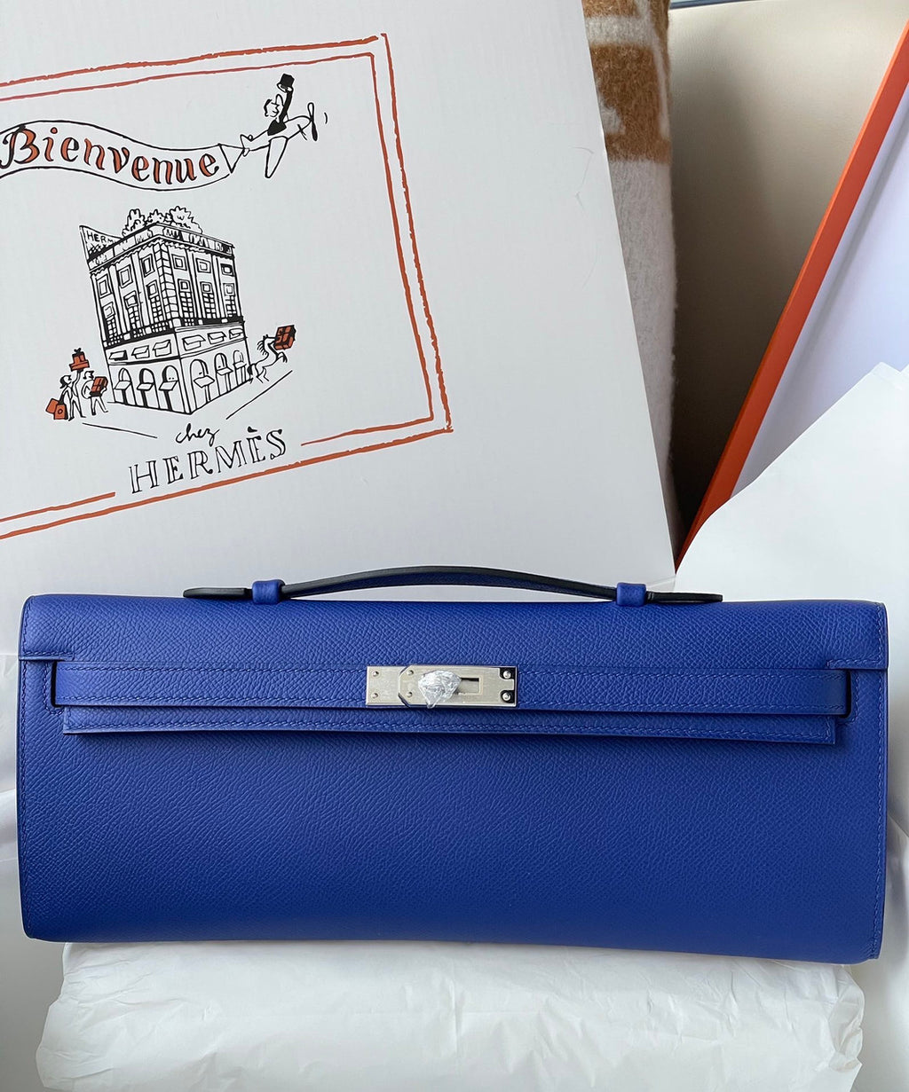 HERMES KELLY CUT CLUTCH BAG BLUE ELECTIRC EPSOM PALLADIUM HARDWARE