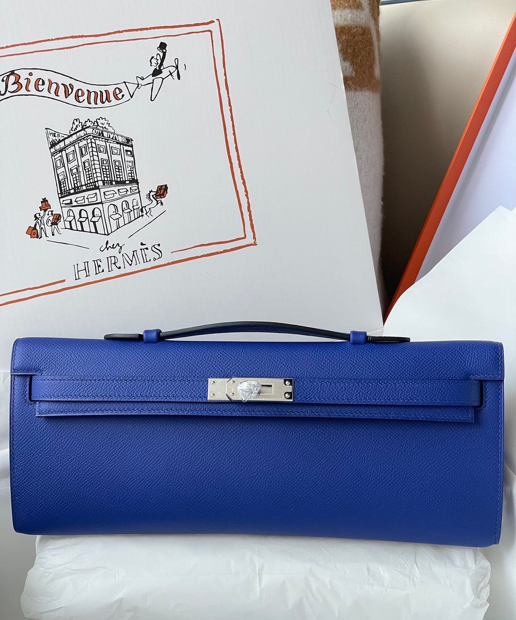 HERMES KELLY CUT CLUTCH BAG BLUE ELECTIRC EPSOM PALLADIUM HARDWARE