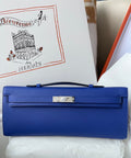 HERMES KELLY CUT CLUTCH BAG BLUE ELECTIRC EPSOM PALLADIUM HARDWARE