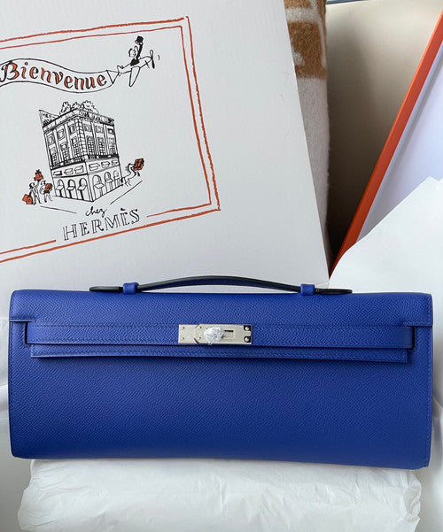 HERMES KELLY CUT CLUTCH BAG BLUE ELECTIRC EPSOM PALLADIUM HARDWARE