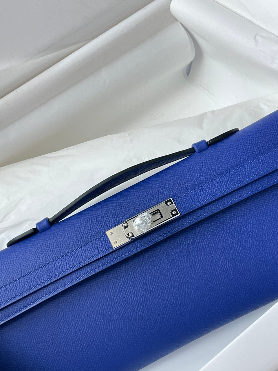 HERMES KELLY CUT CLUTCH BAG BLUE ELECTIRC EPSOM PALLADIUM HARDWARE