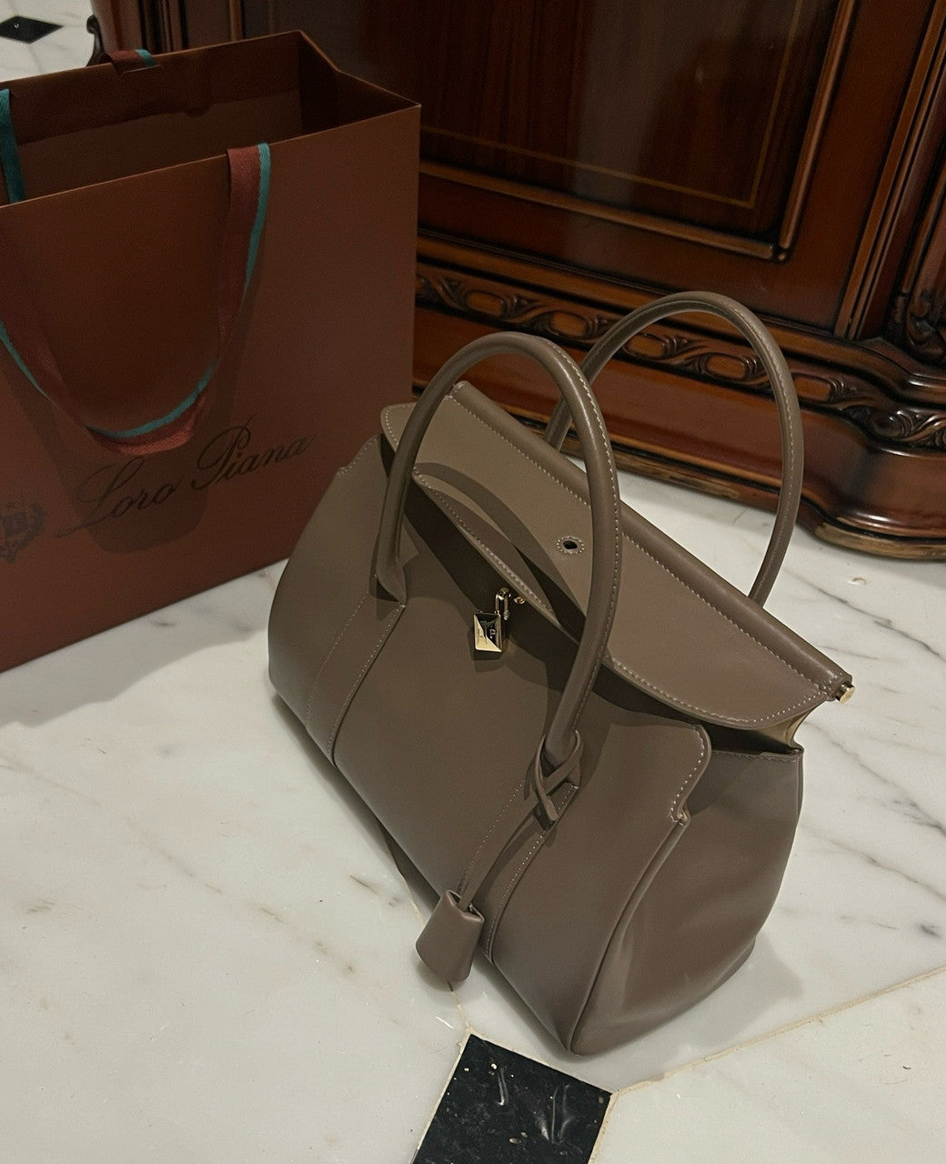 LORO PIANA Loom 32 Grained Leather Top-Handle Bag Etoupe