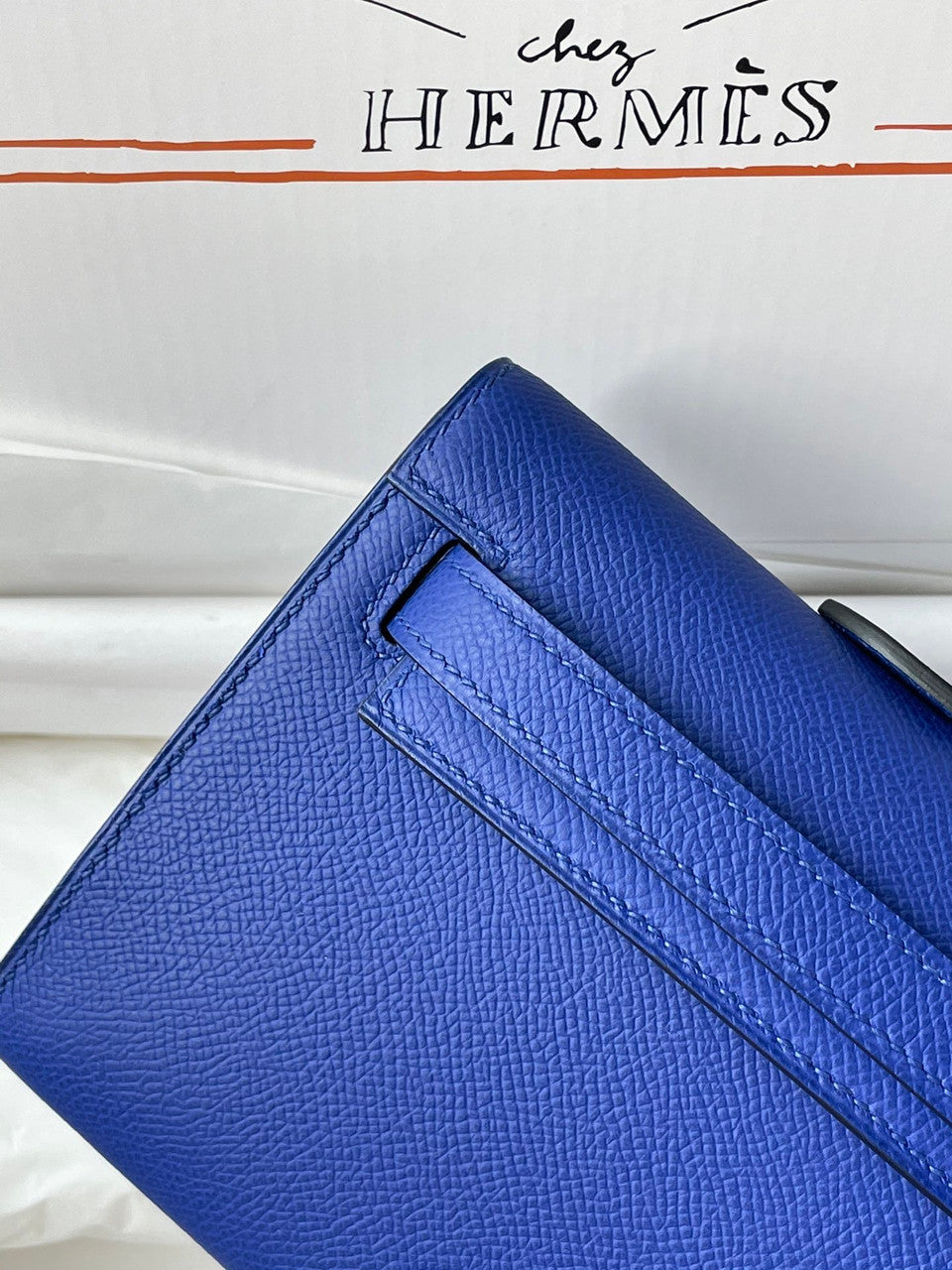 HERMES KELLY CUT CLUTCH BAG BLUE ELECTIRC EPSOM PALLADIUM HARDWARE