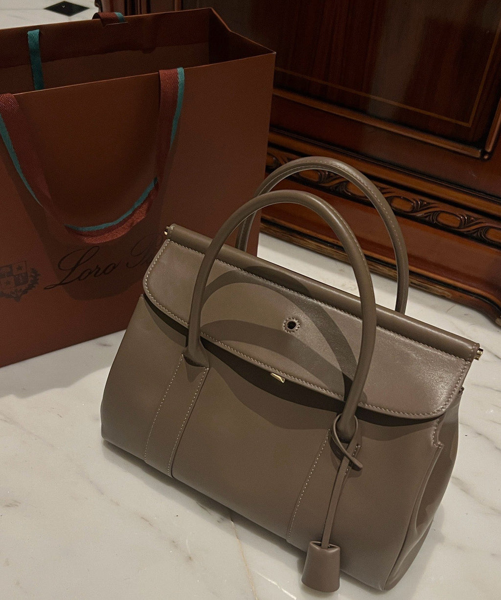 LORO PIANA Loom 32 Grained Leather Top-Handle Bag Etoupe