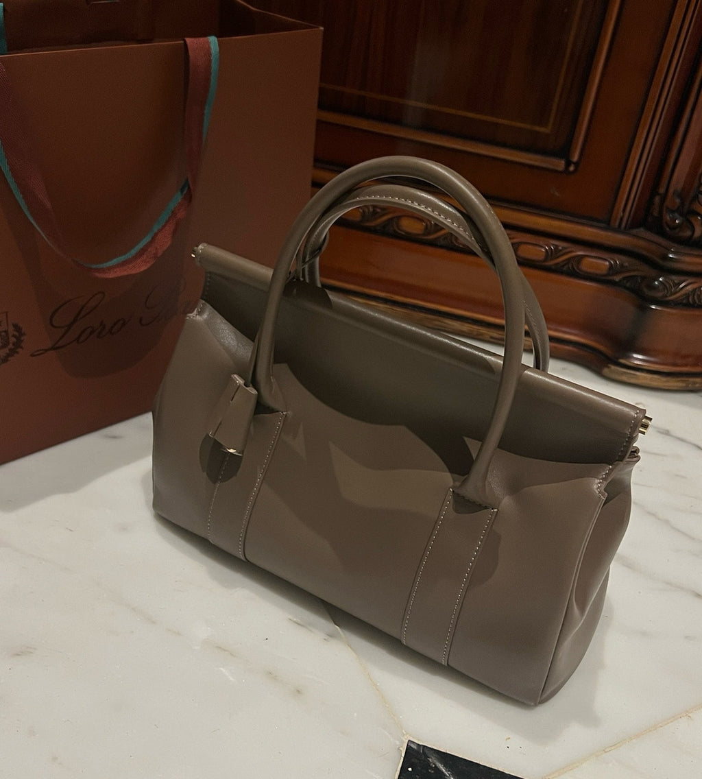 LORO PIANA Loom 32 Grained Leather Top-Handle Bag Etoupe