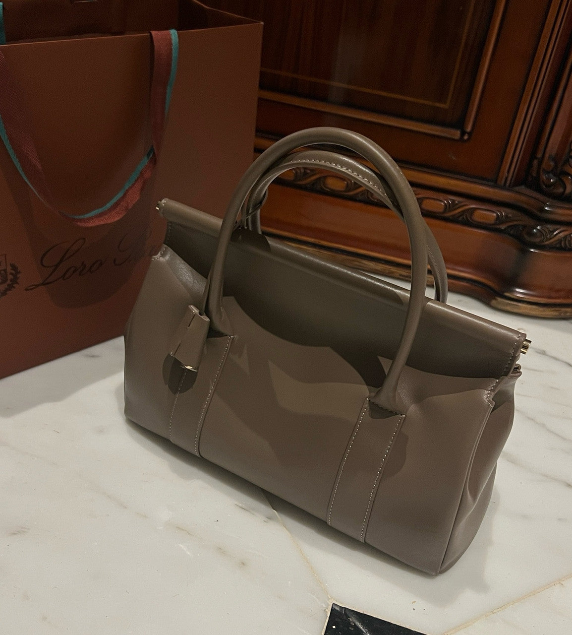 LORO PIANA Loom 32 Grained Leather Top-Handle Bag Etoupe