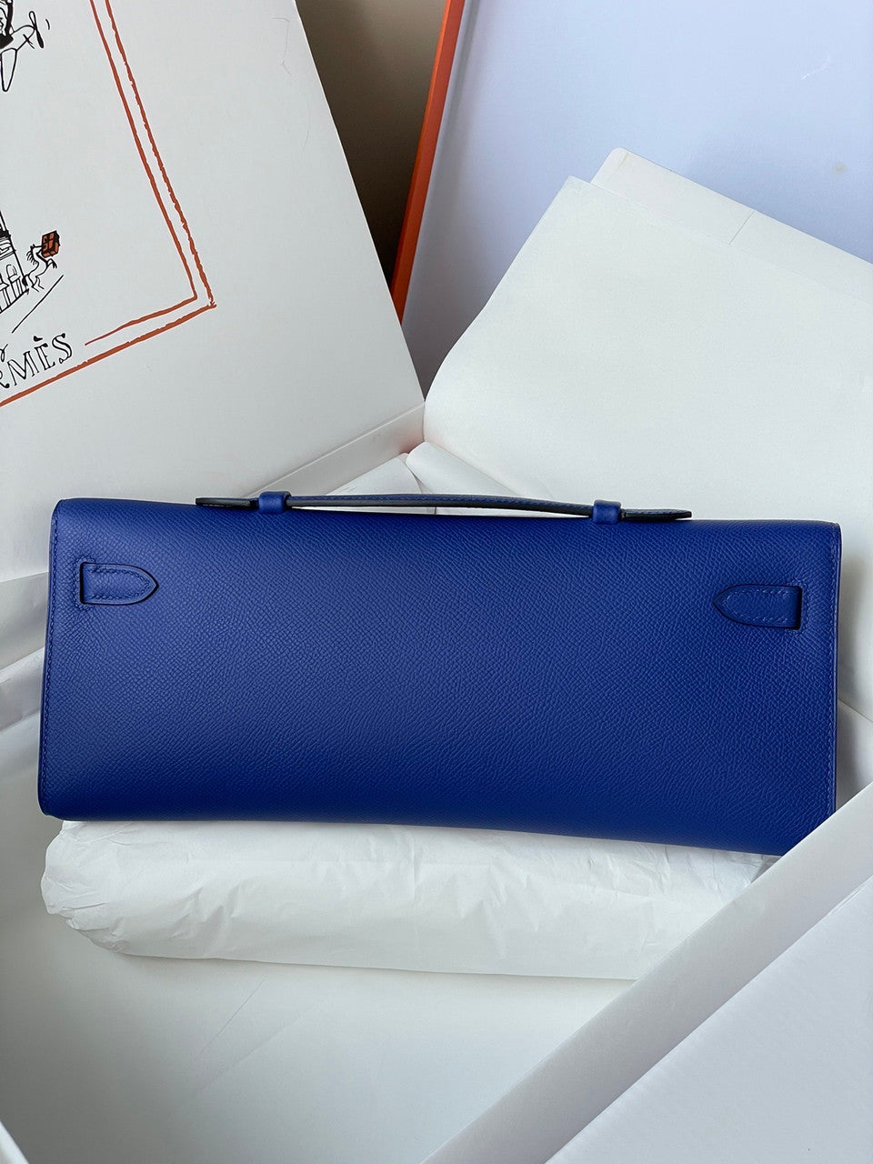 HERMES KELLY CUT CLUTCH BAG BLUE ELECTIRC EPSOM PALLADIUM HARDWARE