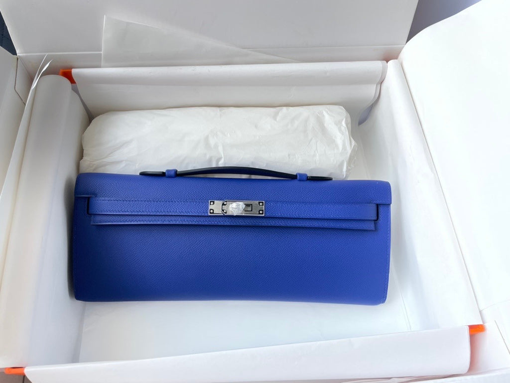 HERMES KELLY CUT CLUTCH BAG BLUE ELECTIRC EPSOM PALLADIUM HARDWARE