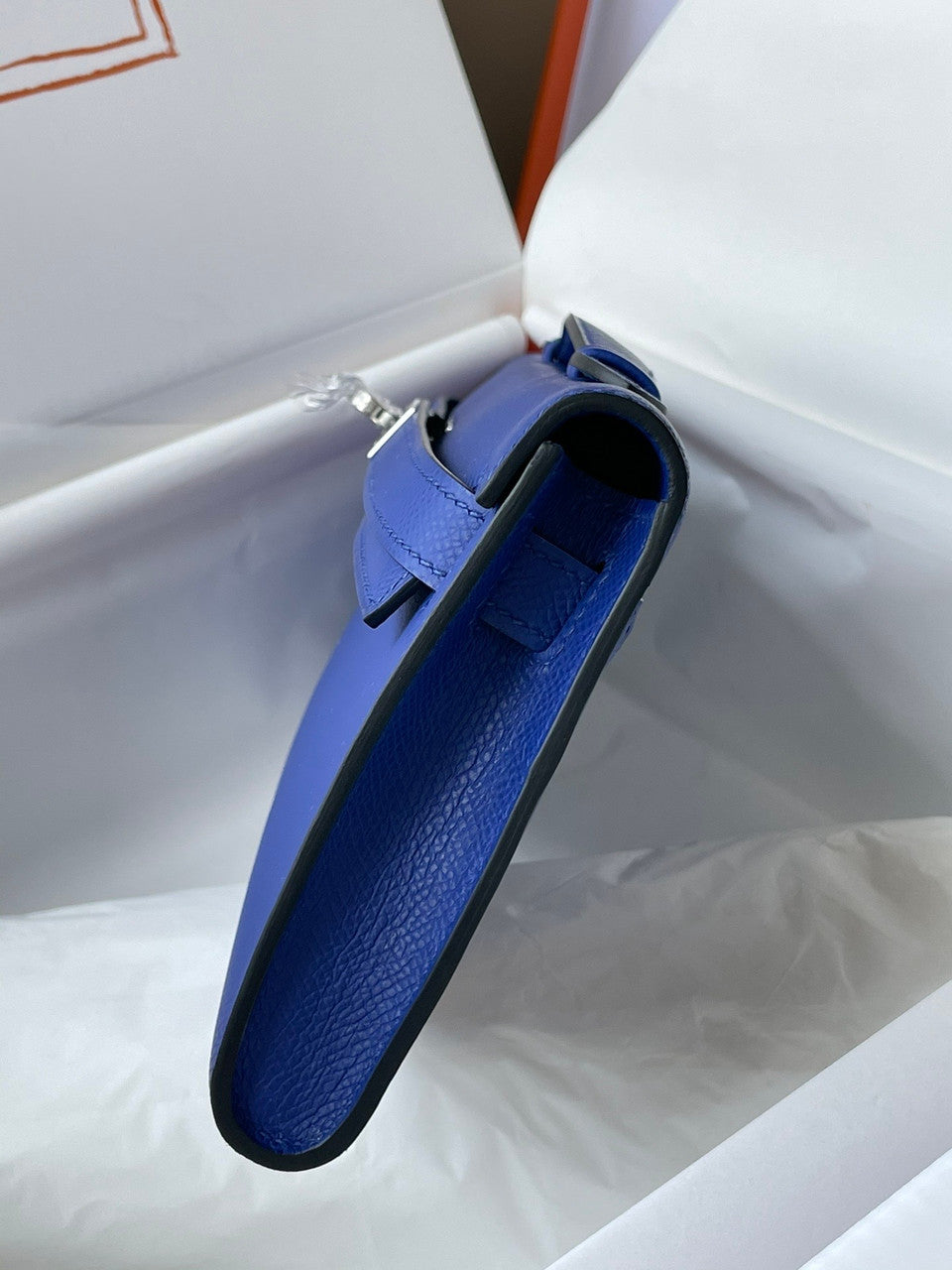 HERMES KELLY CUT CLUTCH BAG BLUE ELECTIRC EPSOM PALLADIUM HARDWARE