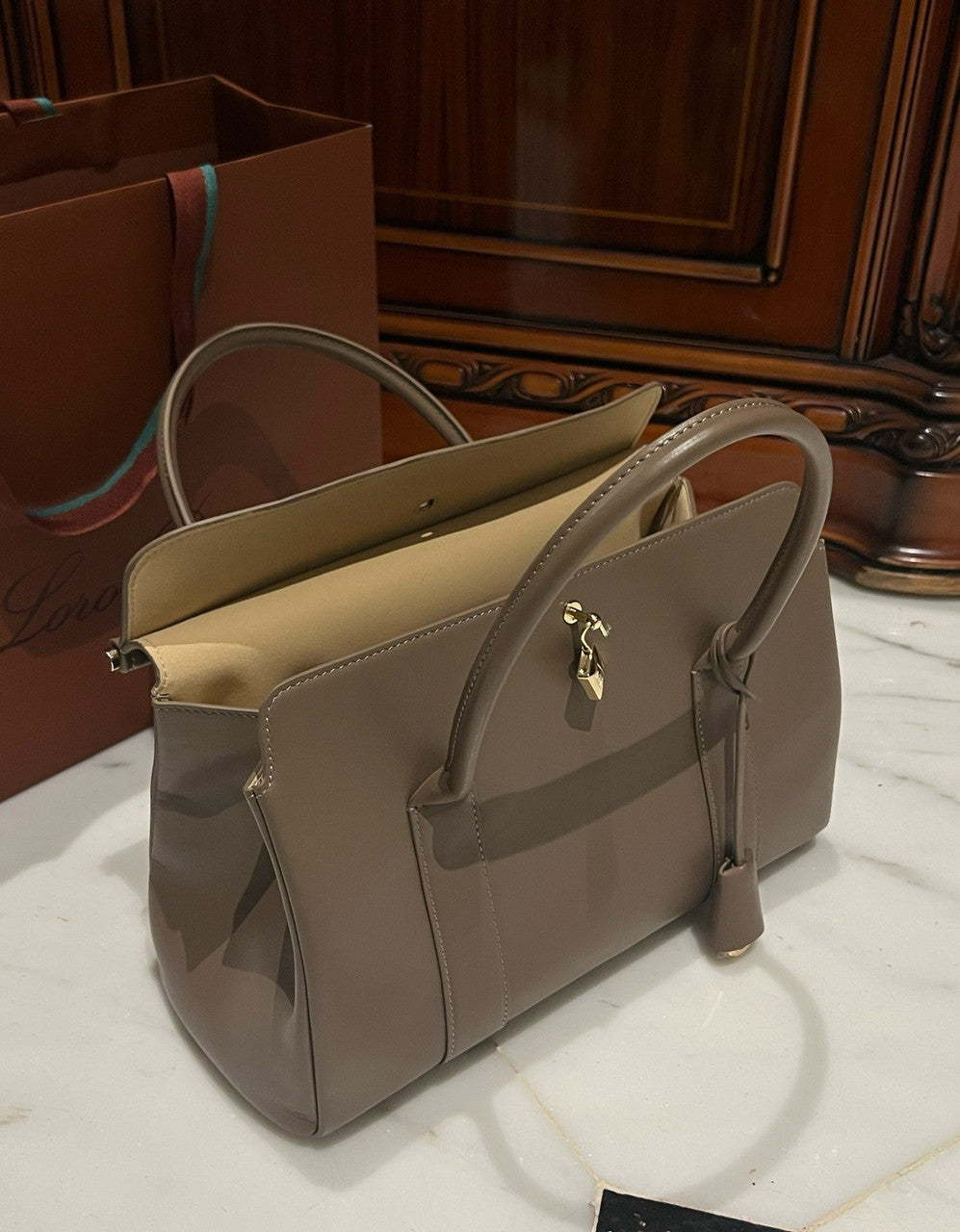 LORO PIANA Loom 32 Grained Leather Top-Handle Bag Etoupe