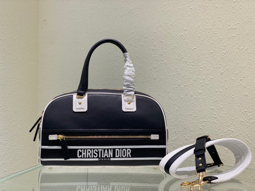 Christian Dior SMALL DIOR VIBE ZIP BOWLING BAG Black and White Smooth Calfskin