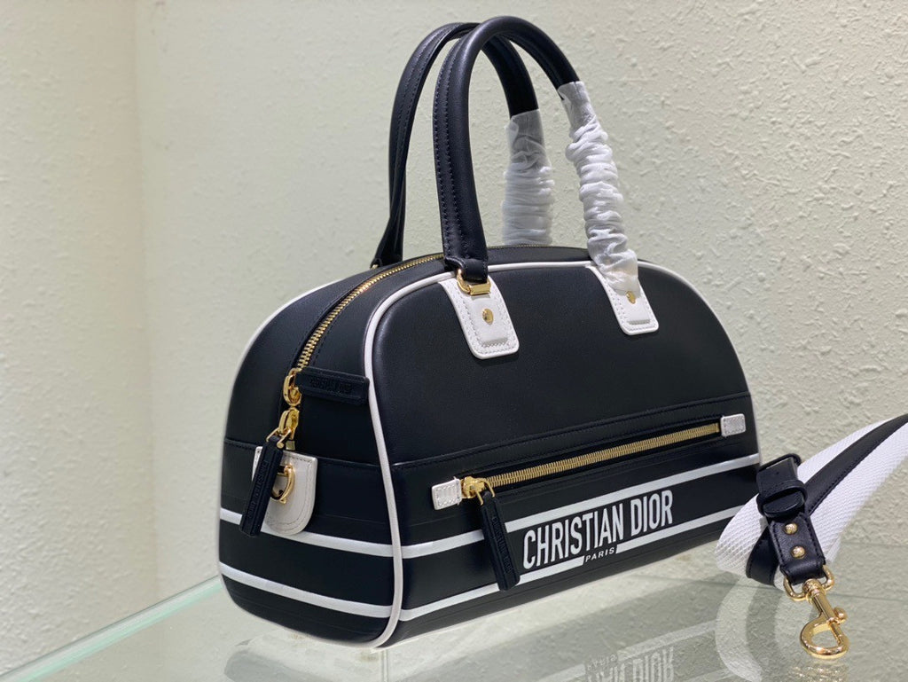Christian Dior SMALL DIOR VIBE ZIP BOWLING BAG Black and White Smooth Calfskin