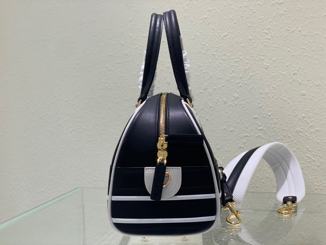 Christian Dior SMALL DIOR VIBE ZIP BOWLING BAG Black and White Smooth Calfskin
