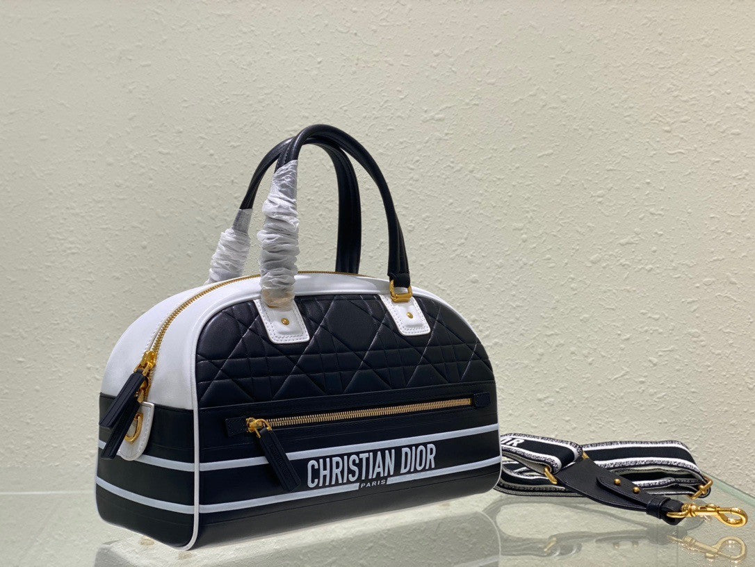 Christian Dior MEDIUM DIOR VIBE CLASSIC BOWLING BAG Blue and White Smooth Calfskin