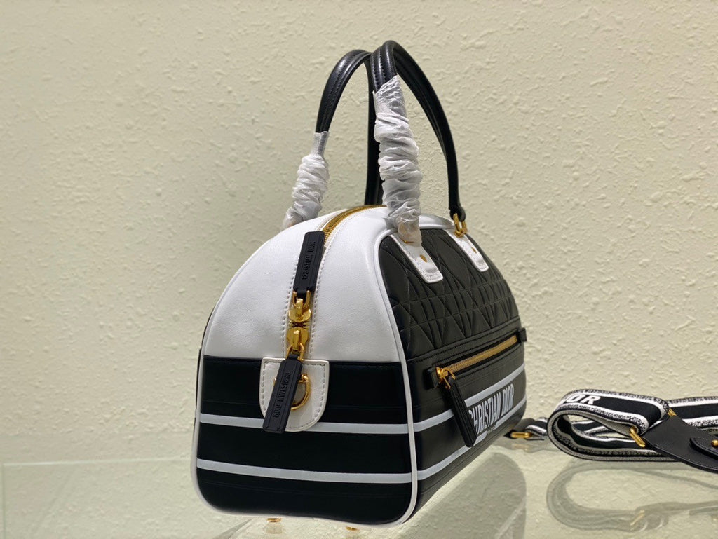 Christian Dior MEDIUM DIOR VIBE CLASSIC BOWLING BAG Blue and White Smooth Calfskin